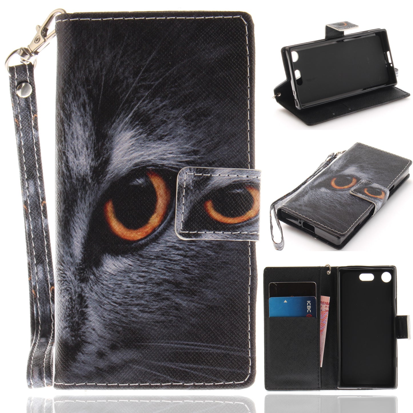 For Sony Xperia XZ1 Compact Pattern Printed Flip Magnetic Wallet Card Slot Soft Protective Cover With Hand Strap