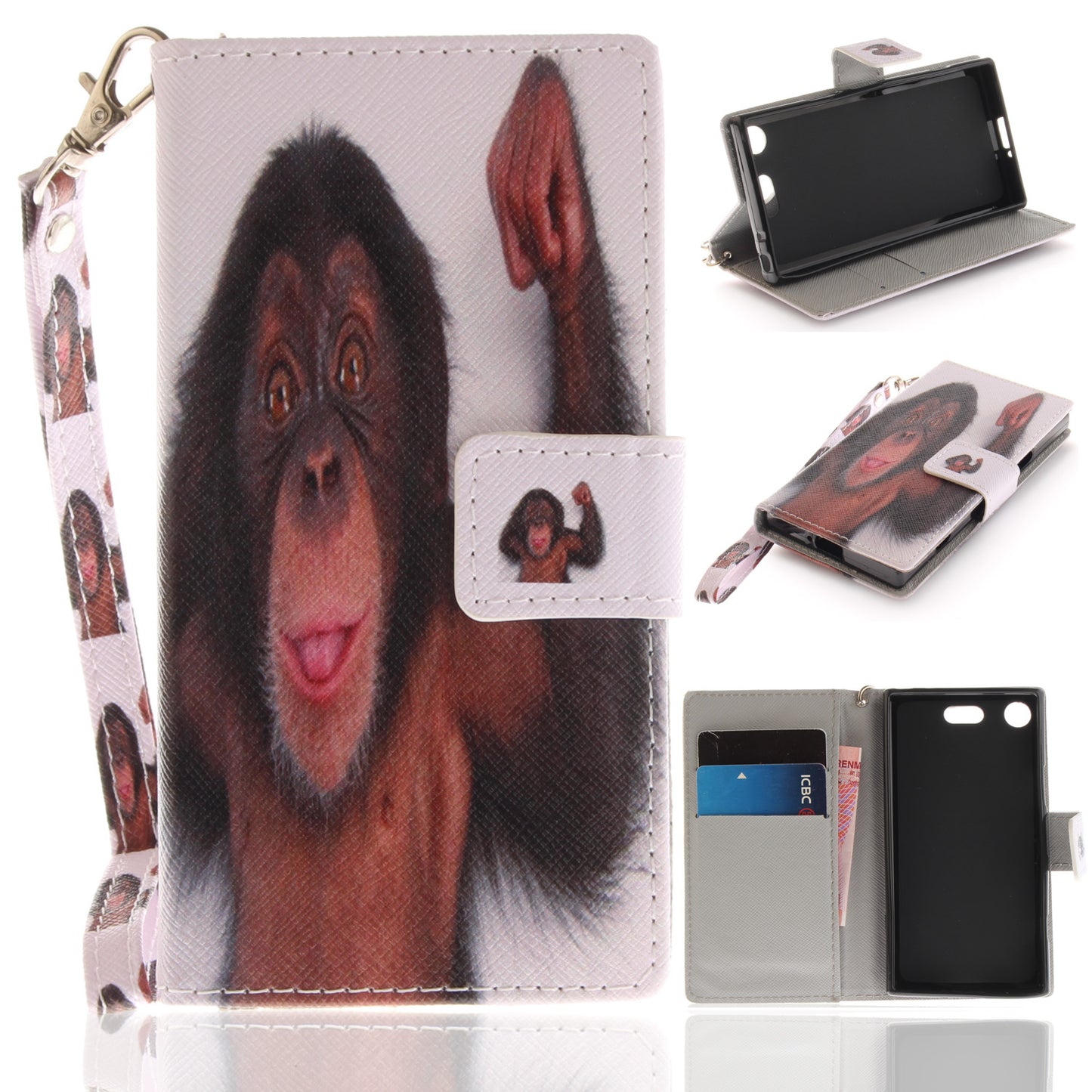For Sony Xperia XZ1 Compact Pattern Printed Flip Magnetic Wallet Card Slot Soft Protective Cover With Hand Strap