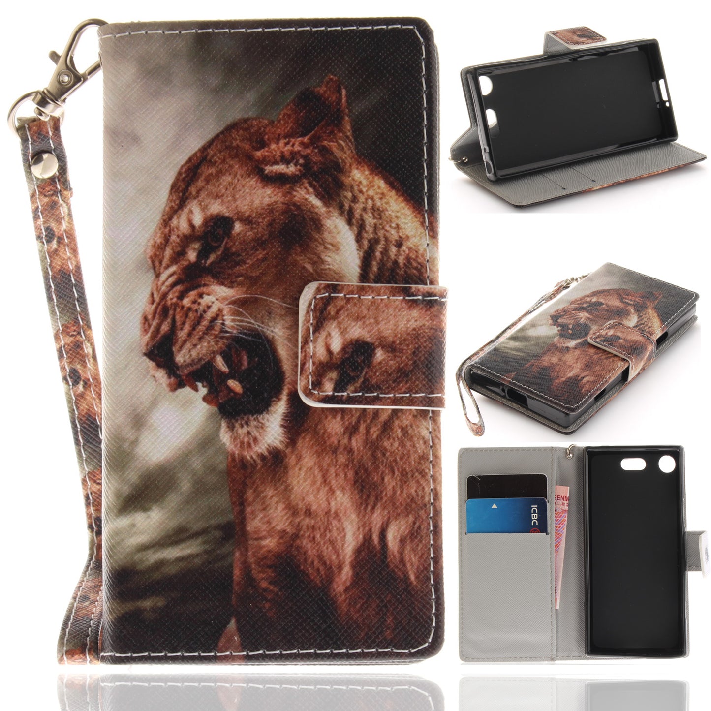 For Sony Xperia XZ1 Compact Pattern Printed Flip Magnetic Wallet Card Slot Soft Protective Cover With Hand Strap