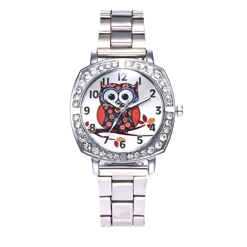 Owl Rhinestone Metal Band Square Case Women Quartz Wrist Watch Jewelry Gift