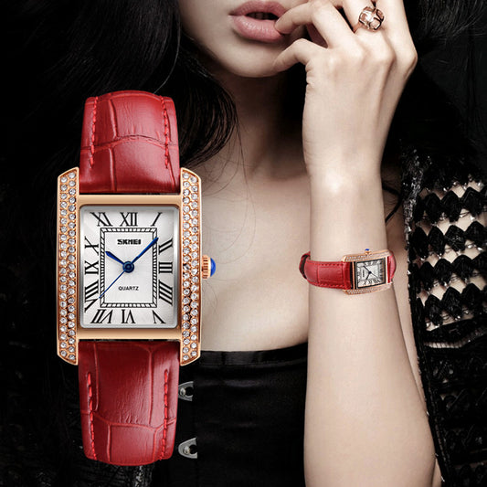 Women Fashion Leather Strap Rhinestones Roman Numerals Quartz Wrist Watch Gifts