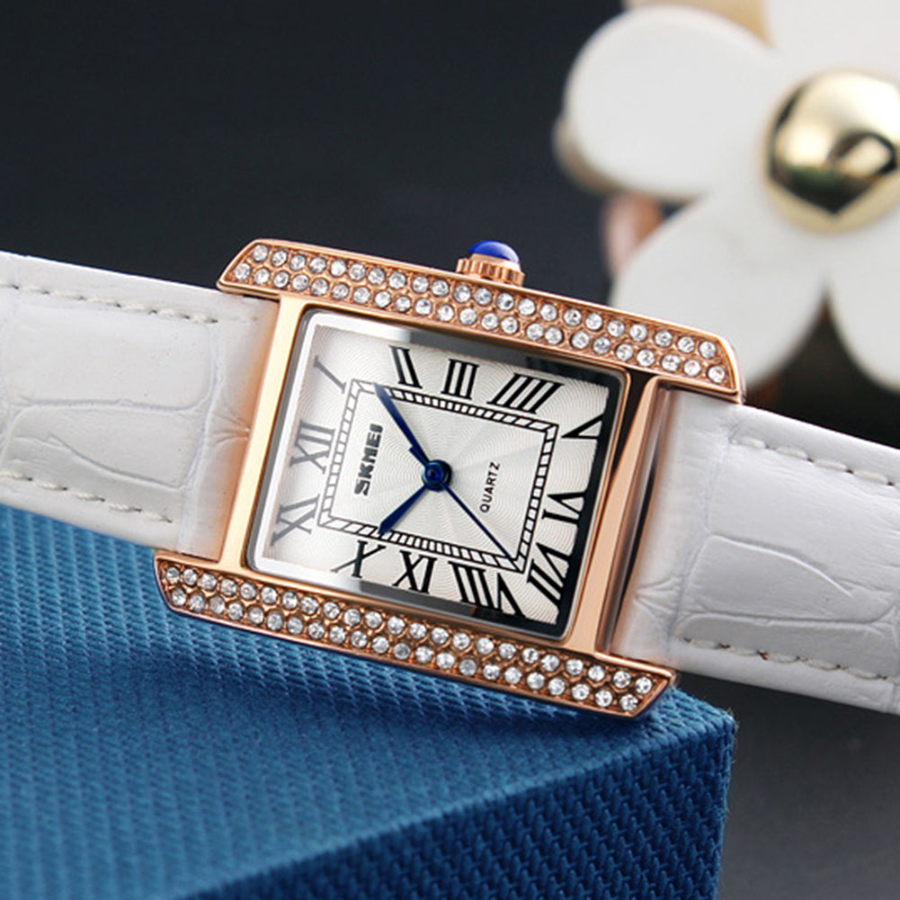 Women Fashion Leather Strap Rhinestones Roman Numerals Quartz Wrist Watch Gifts