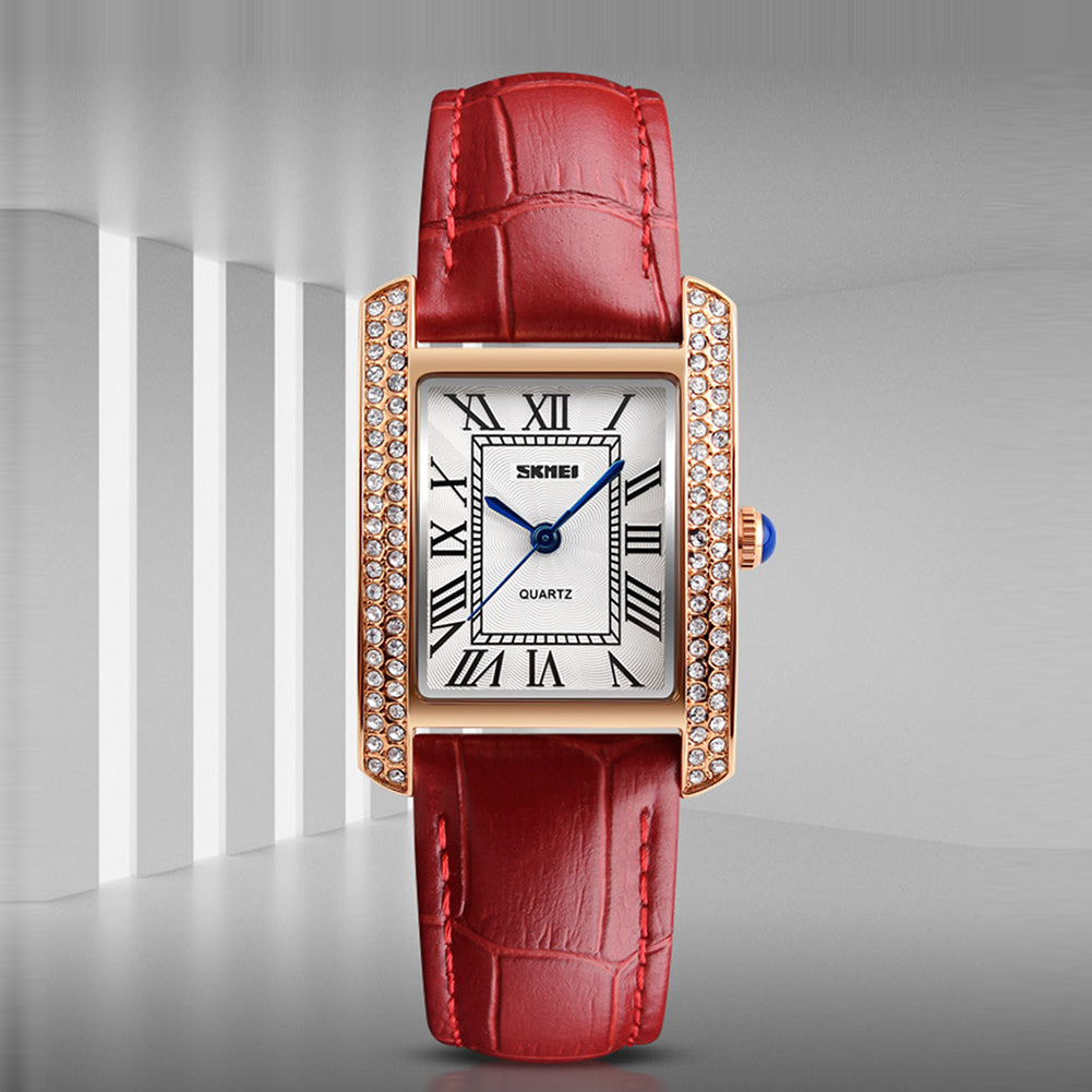 Women Fashion Leather Strap Rhinestones Roman Numerals Quartz Wrist Watch Gifts