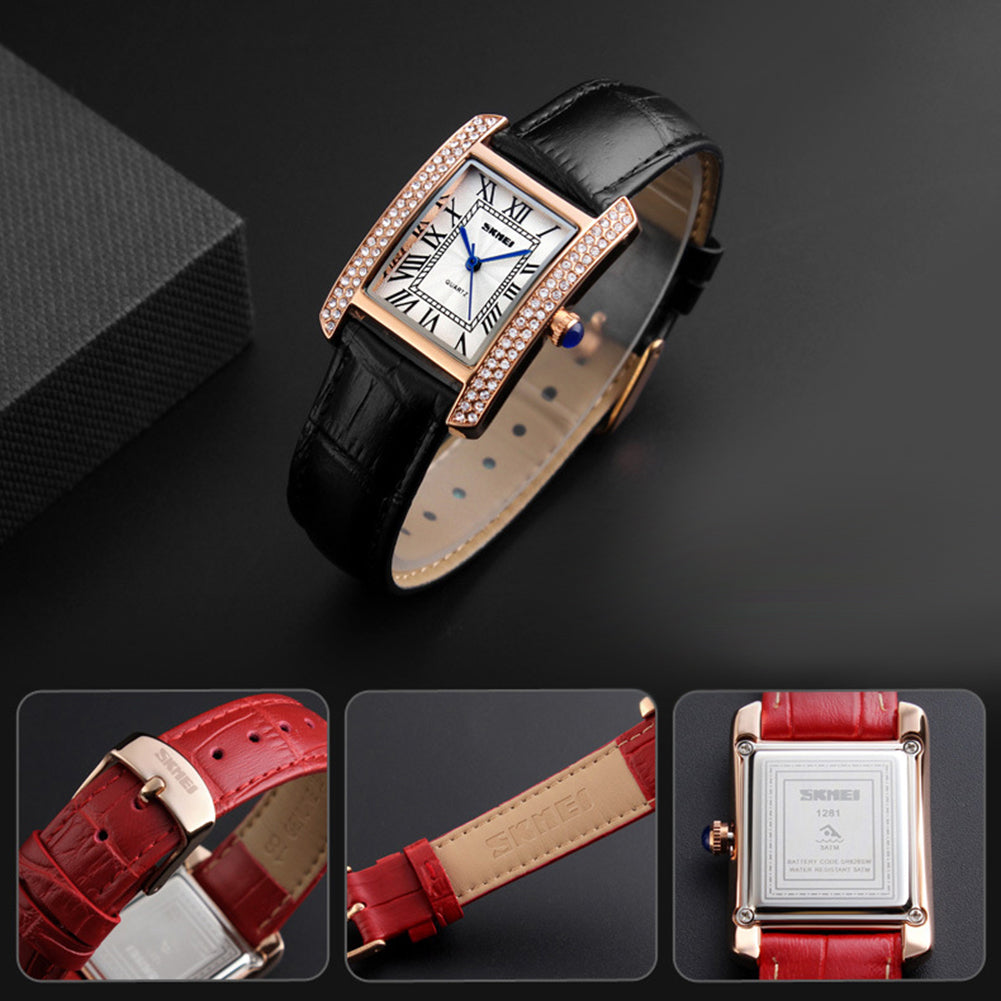 Women Fashion Leather Strap Rhinestones Roman Numerals Quartz Wrist Watch Gifts