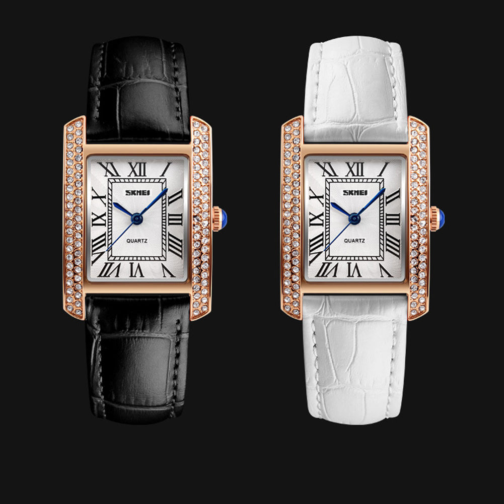 Women Fashion Leather Strap Rhinestones Roman Numerals Quartz Wrist Watch Gifts