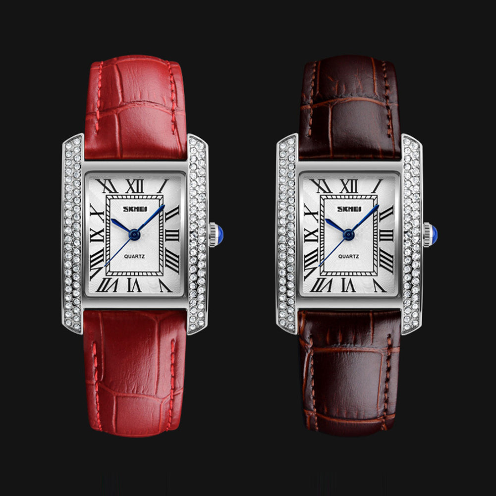 Women Fashion Leather Strap Rhinestones Roman Numerals Quartz Wrist Watch Gifts