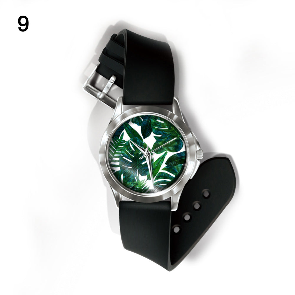 Fashion Fresh Plants Pattern Dial Unisex Pin Buckle Quartz Analog Wrist Watch