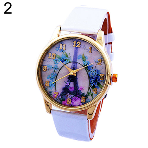 Fashion Eiffel Tower Floral Print Dial Faux Leather Band Analog Wrist Watch