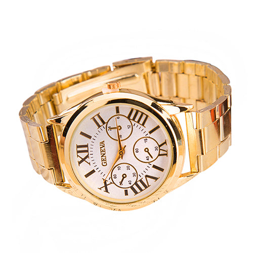 Fashion Women Luxury Geneva Roman Numerals Golden Tone Quartz Analog Wrist Watch