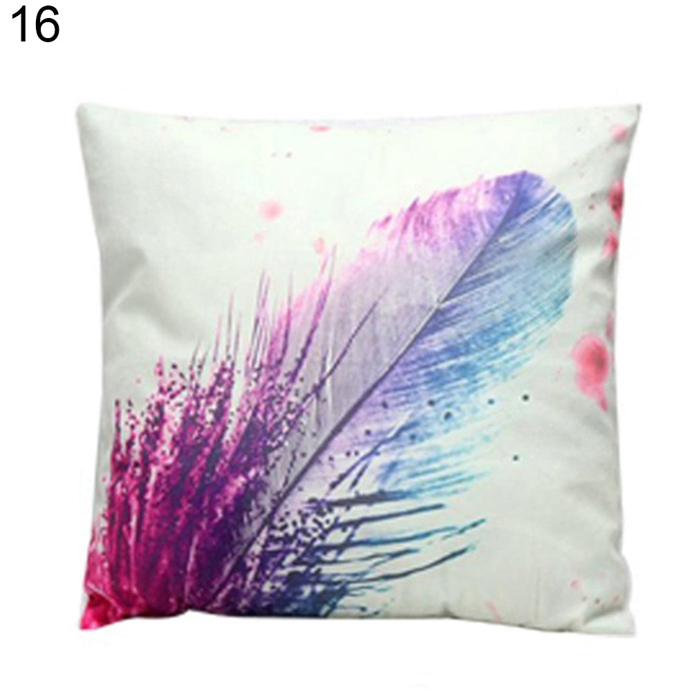 Feather Print Linen Throw Pillow Case Replaceable Cushion Cover Cafe Sofa Decor