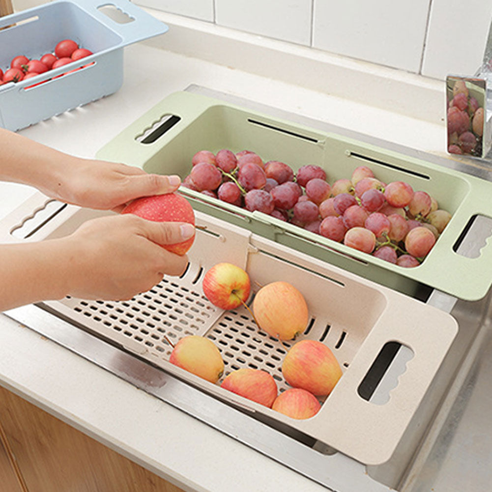 Hollowed Plastic Retractable Vegetable Basket Kitchen Fruit Washing Drain Rack