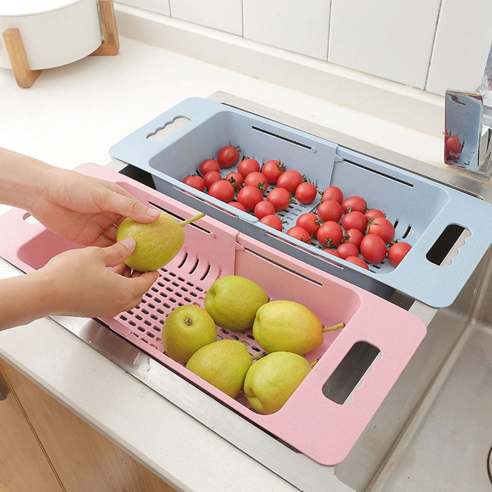 Hollowed Plastic Retractable Vegetable Basket Kitchen Fruit Washing Drain Rack
