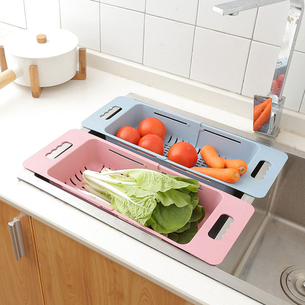Hollowed Plastic Retractable Vegetable Basket Kitchen Fruit Washing Drain Rack