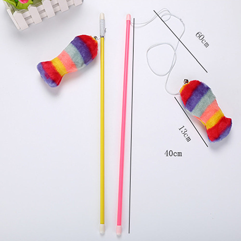 Lovely Rainbow Color Plush Fish Stick Pet Cat Teasing Play Interactive Toy