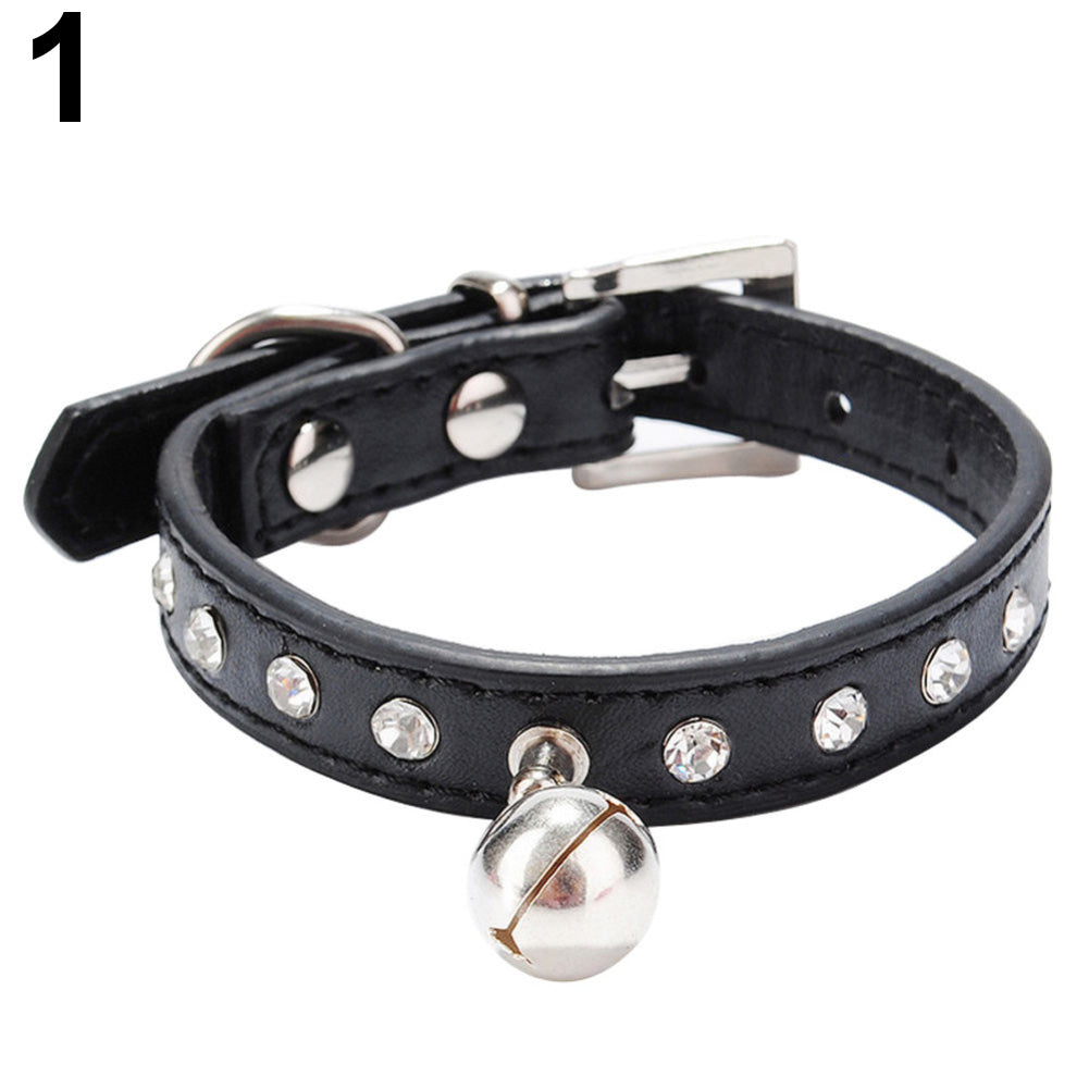 Faux Leather Diamante Cat Dog Puppy Adjustable Safety Pet Collar Buckle Bell