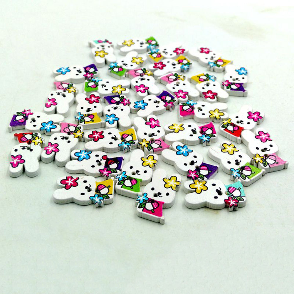 50Pcs Cute Rabbit Mix Color Wooden Buttons DIY Sewing Scrapbooking Accessory