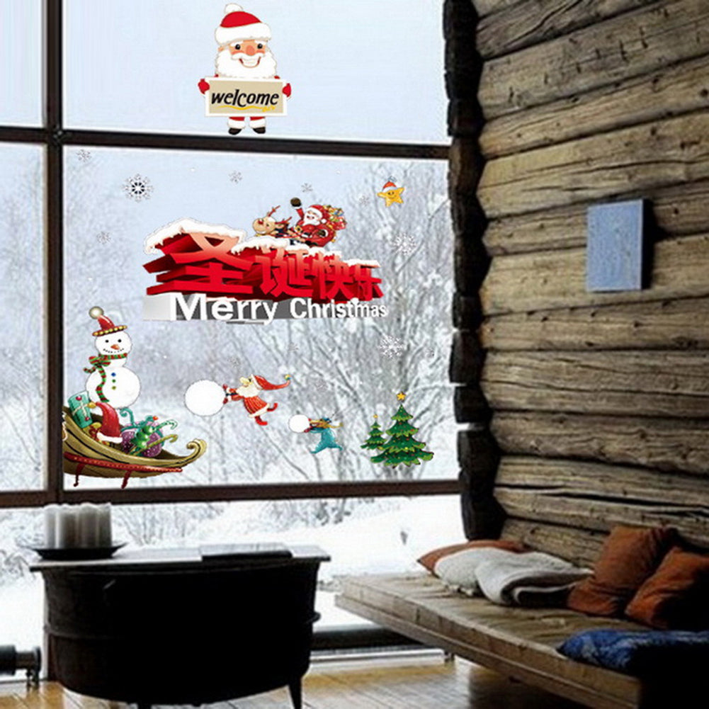 2Pcs Christmas Snowman Santa Claus Glass Window Decor Static Cling Sticker Decal