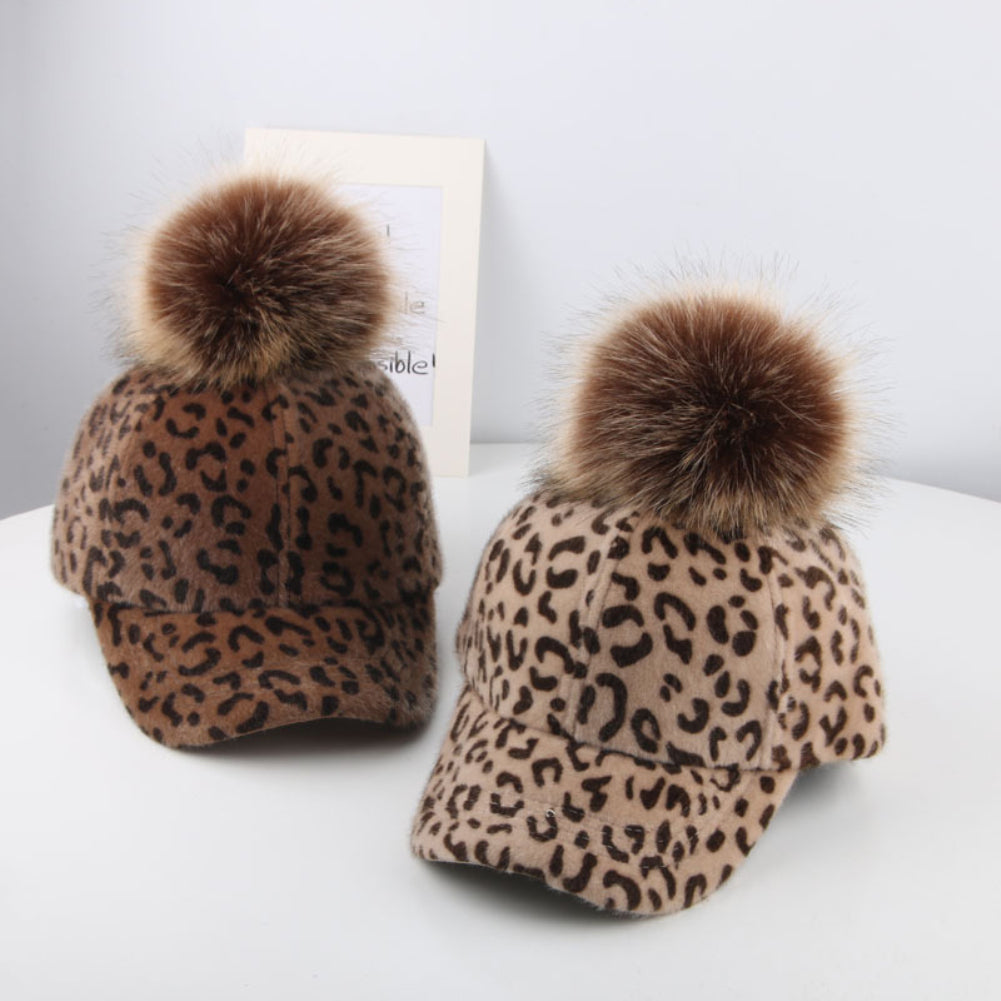 Adult Kids Matching Leopard Print Pompom Corduroy Baseball Cap Snapback Hat