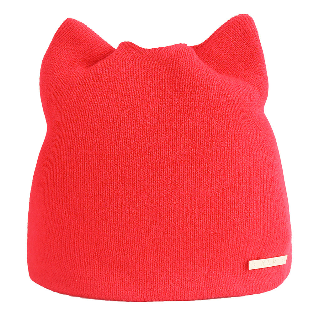 Lovely Cat Ears Solid Color Women Knitted Beanie Cap Head Warmer Outdoor Hat