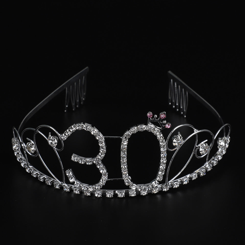 Elegant Women Hollow Rhinestone Inlaid Number 30 Tiara Crown Princess Comb Pin