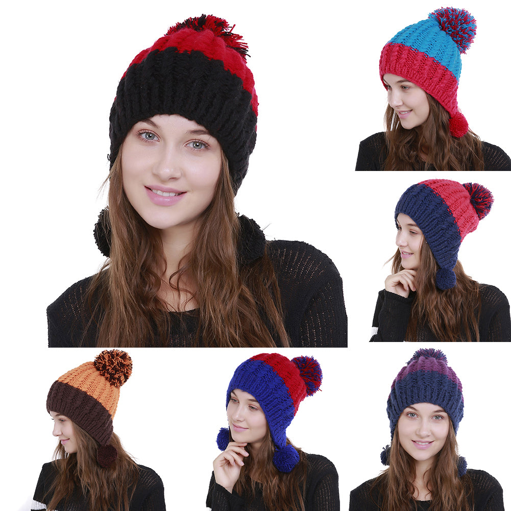 Women Fashion Color Blocking Woolen Yarn Winter Beanie with Knitting Wool Balls