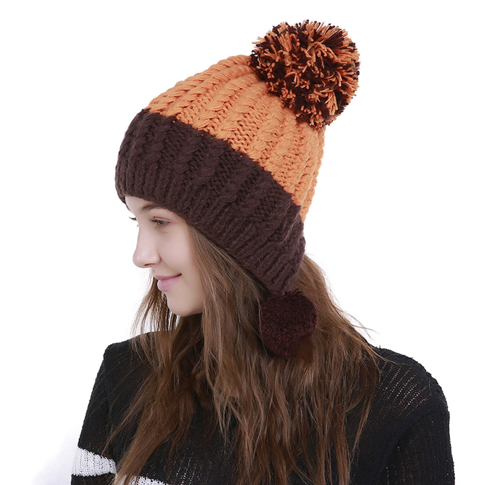 Women Fashion Color Blocking Woolen Yarn Winter Beanie with Knitting Wool Balls