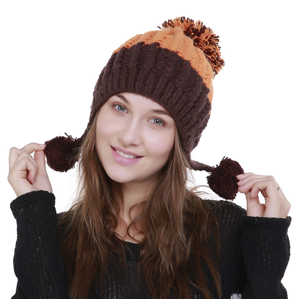 Women Fashion Color Blocking Woolen Yarn Winter Beanie with Knitting Wool Balls