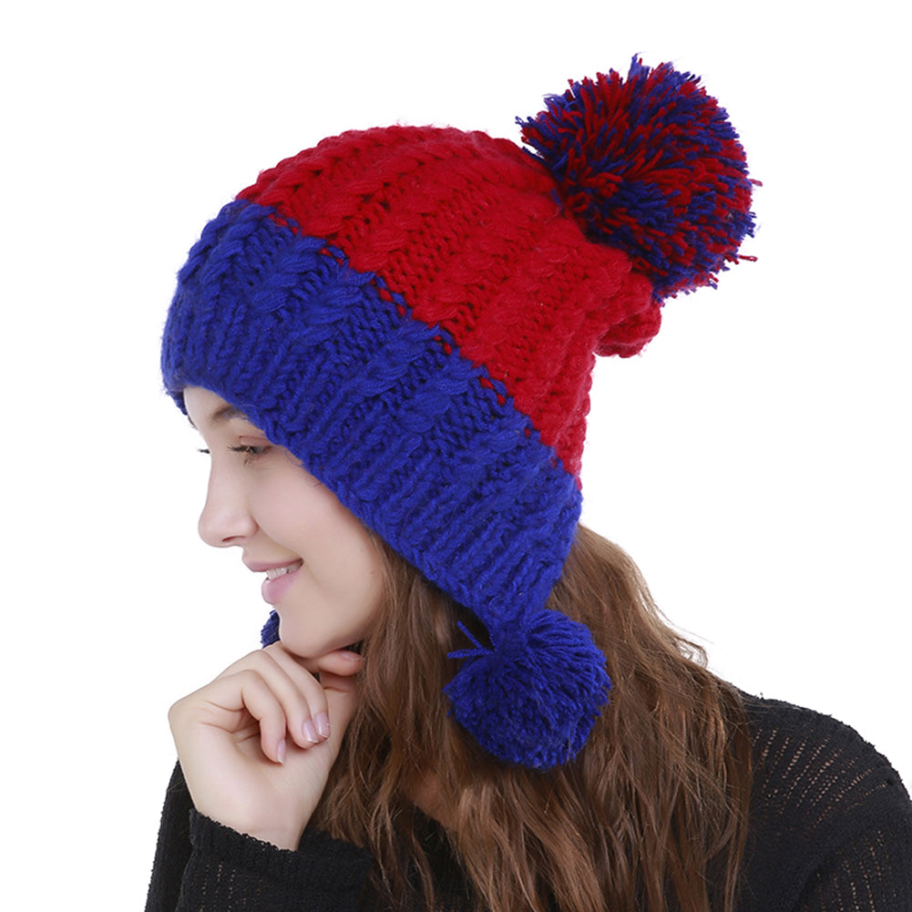 Women Fashion Color Blocking Woolen Yarn Winter Beanie with Knitting Wool Balls