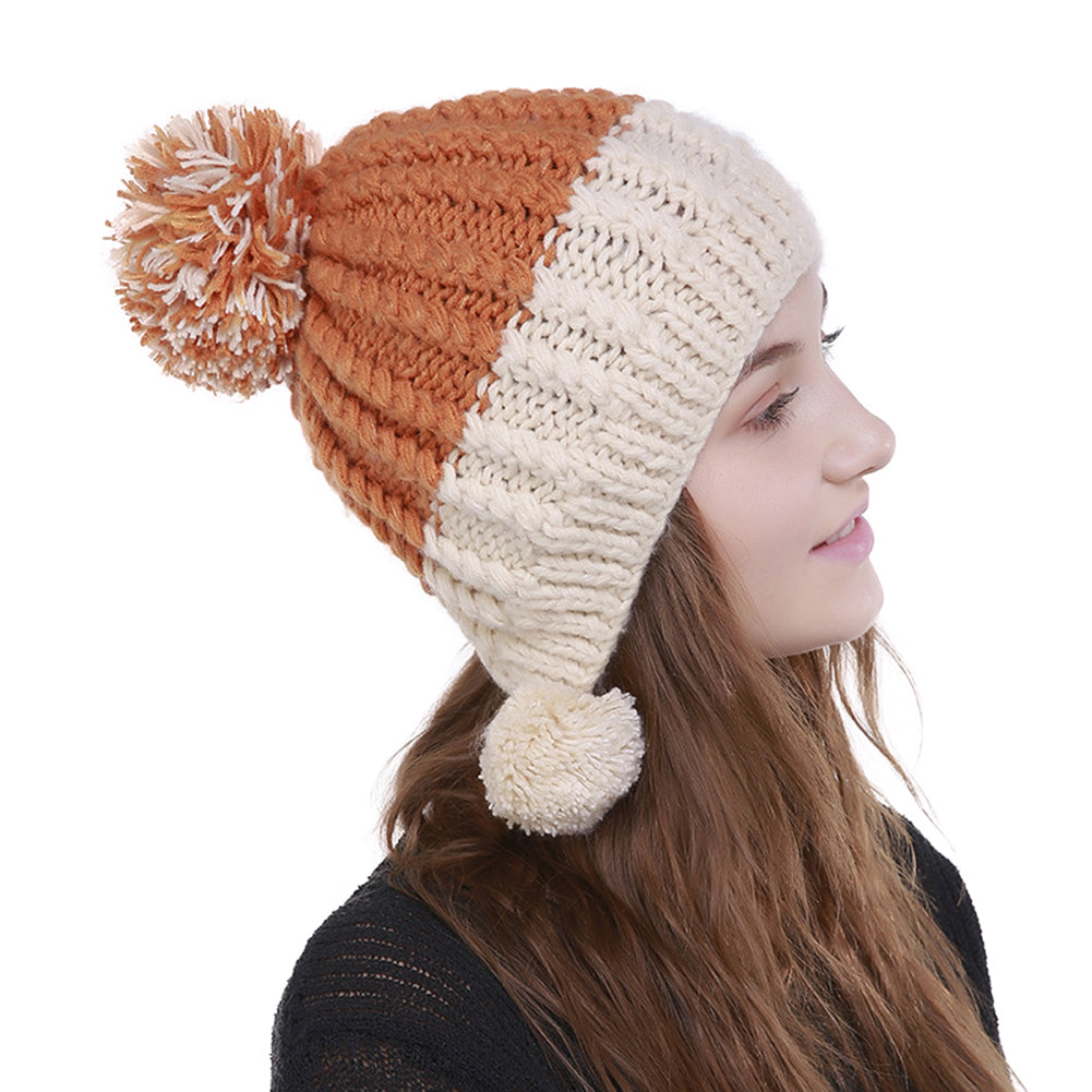Women Fashion Color Blocking Woolen Yarn Winter Beanie with Knitting Wool Balls