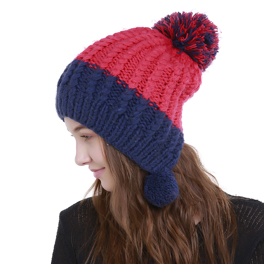 Women Fashion Color Blocking Woolen Yarn Winter Beanie with Knitting Wool Balls