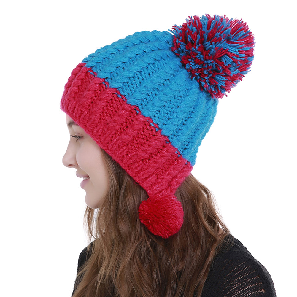 Women Fashion Color Blocking Woolen Yarn Winter Beanie with Knitting Wool Balls
