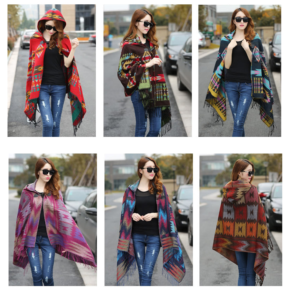 Women Fashion Hooded Grid Pattern Long Warm Shawl Winter Autumn Scarf Gift