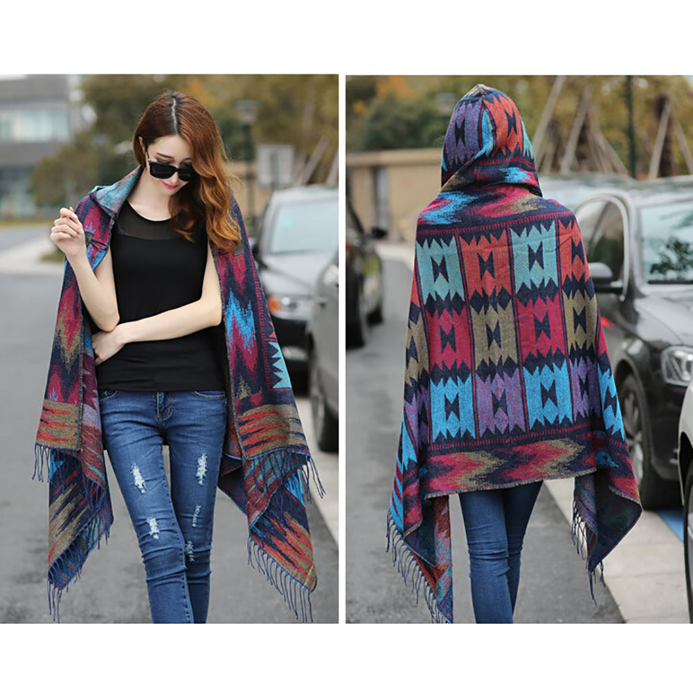 Women Fashion Hooded Grid Pattern Long Warm Shawl Winter Autumn Scarf Gift