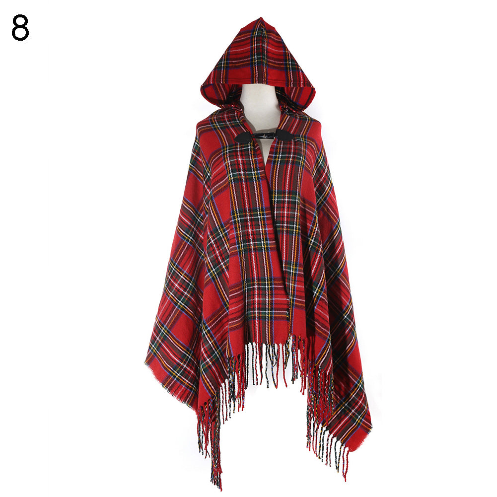 Women Fashion Hooded Grid Pattern Long Warm Shawl Winter Autumn Scarf Gift