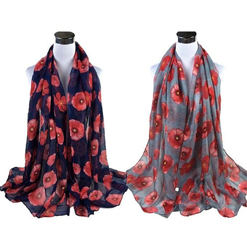 Women Fashion Red Poppy Flower Printed Voile Long Scarf Beach Wrap Stole Shawl