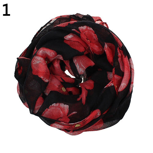 Women Fashion Red Poppy Flower Printed Voile Long Scarf Beach Wrap Stole Shawl