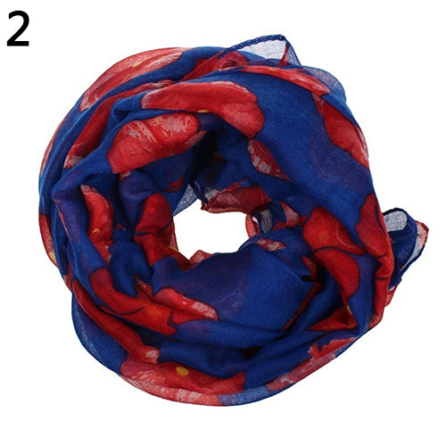 Women Fashion Red Poppy Flower Printed Voile Long Scarf Beach Wrap Stole Shawl