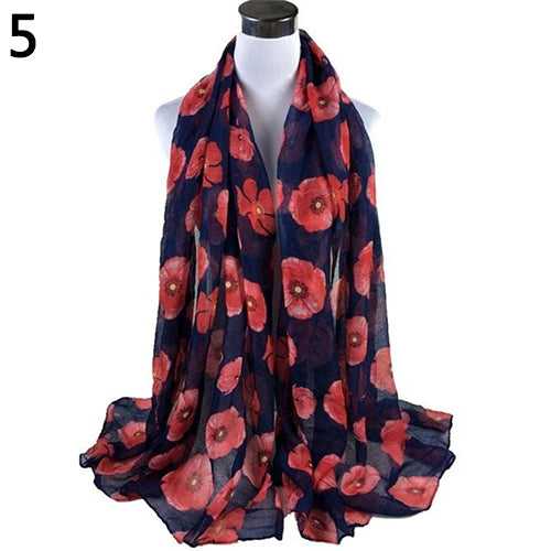 Women Fashion Red Poppy Flower Printed Voile Long Scarf Beach Wrap Stole Shawl