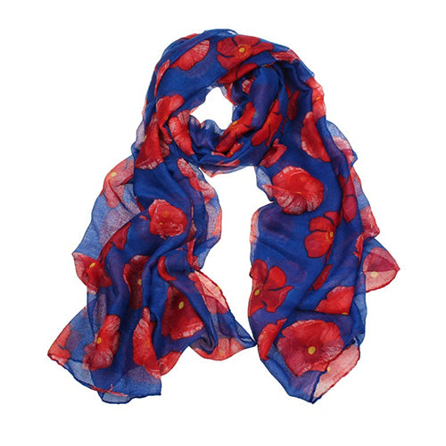 Women Fashion Red Poppy Flower Printed Voile Long Scarf Beach Wrap Stole Shawl