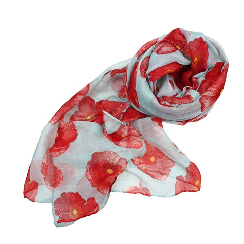 Women Fashion Red Poppy Flower Printed Voile Long Scarf Beach Wrap Stole Shawl