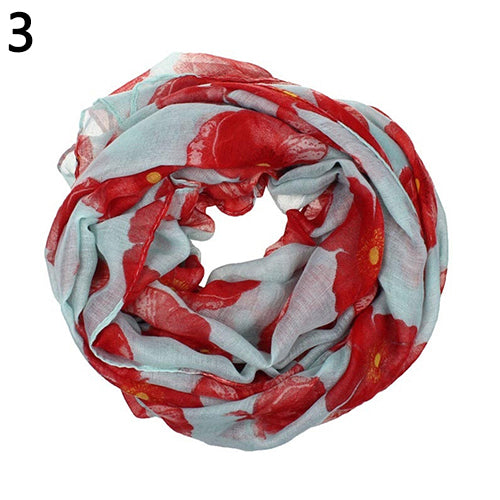 Women Fashion Red Poppy Flower Printed Voile Long Scarf Beach Wrap Stole Shawl