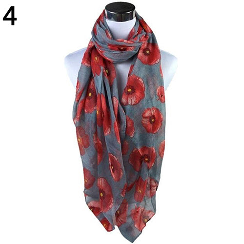 Women Fashion Red Poppy Flower Printed Voile Long Scarf Beach Wrap Stole Shawl