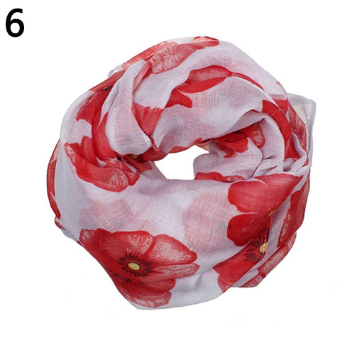 Women Fashion Red Poppy Flower Printed Voile Long Scarf Beach Wrap Stole Shawl