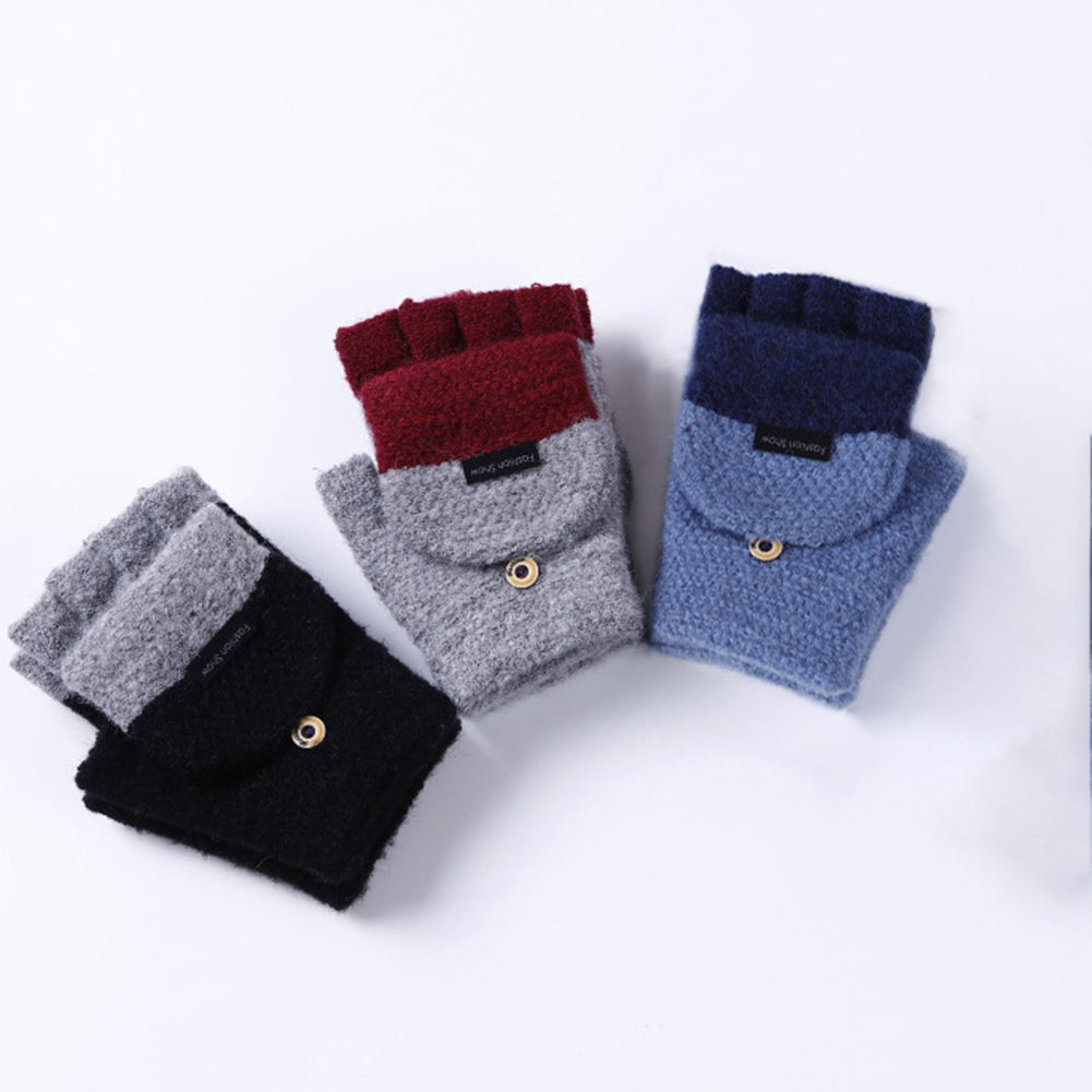 Fashion Knitted Gloves Winter Soft Warm Patchwork Flip Half Finger Man Mittens