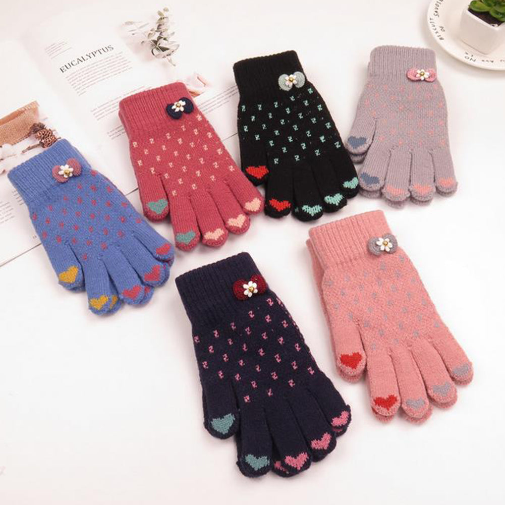 Winter Women Fashion Knitted Yarn Thicken Heart Bowknot Full Finger Gloves Mittens