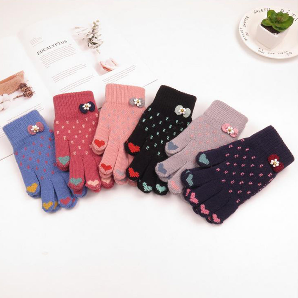 Winter Women Fashion Knitted Yarn Thicken Heart Bowknot Full Finger Gloves Mittens
