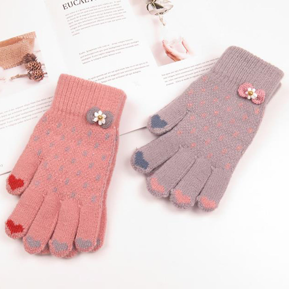 Winter Women Fashion Knitted Yarn Thicken Heart Bowknot Full Finger Gloves Mittens