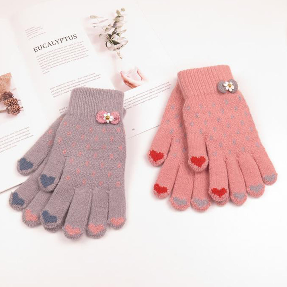 Winter Women Fashion Knitted Yarn Thicken Heart Bowknot Full Finger Gloves Mittens