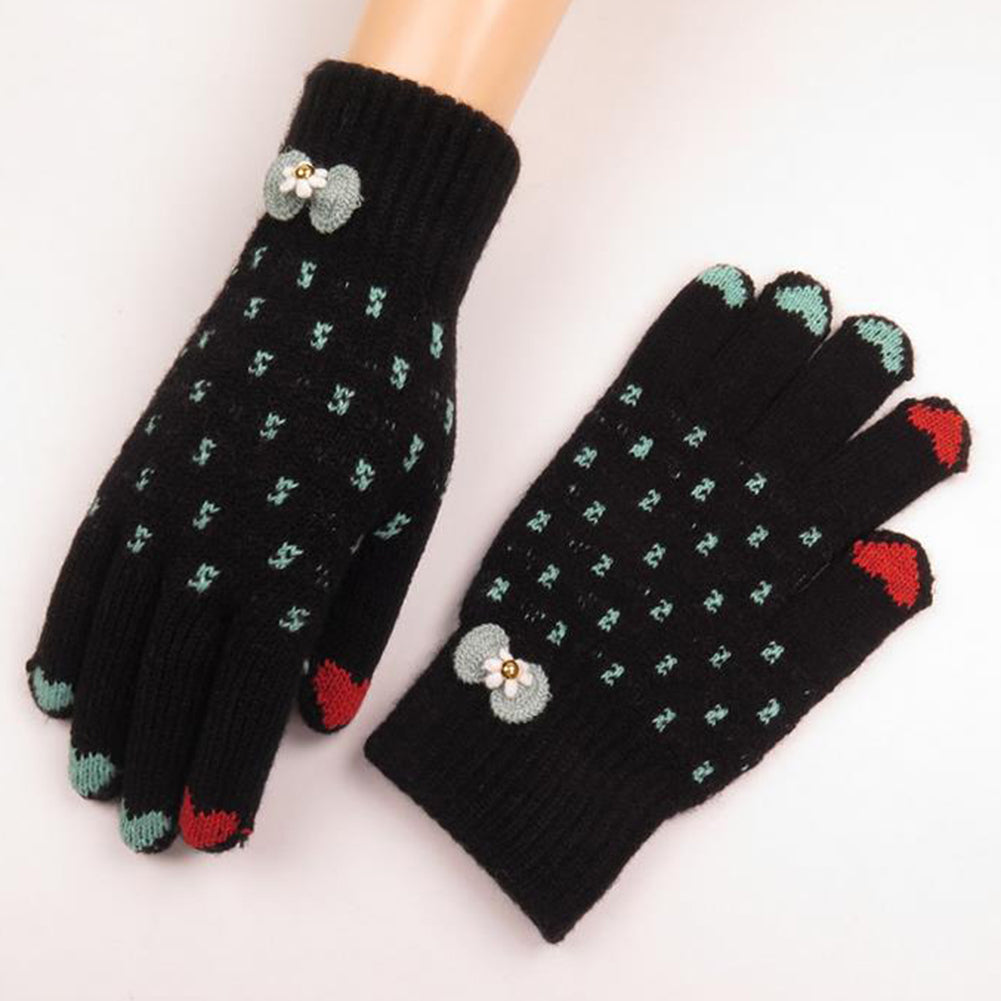 Winter Women Fashion Knitted Yarn Thicken Heart Bowknot Full Finger Gloves Mittens