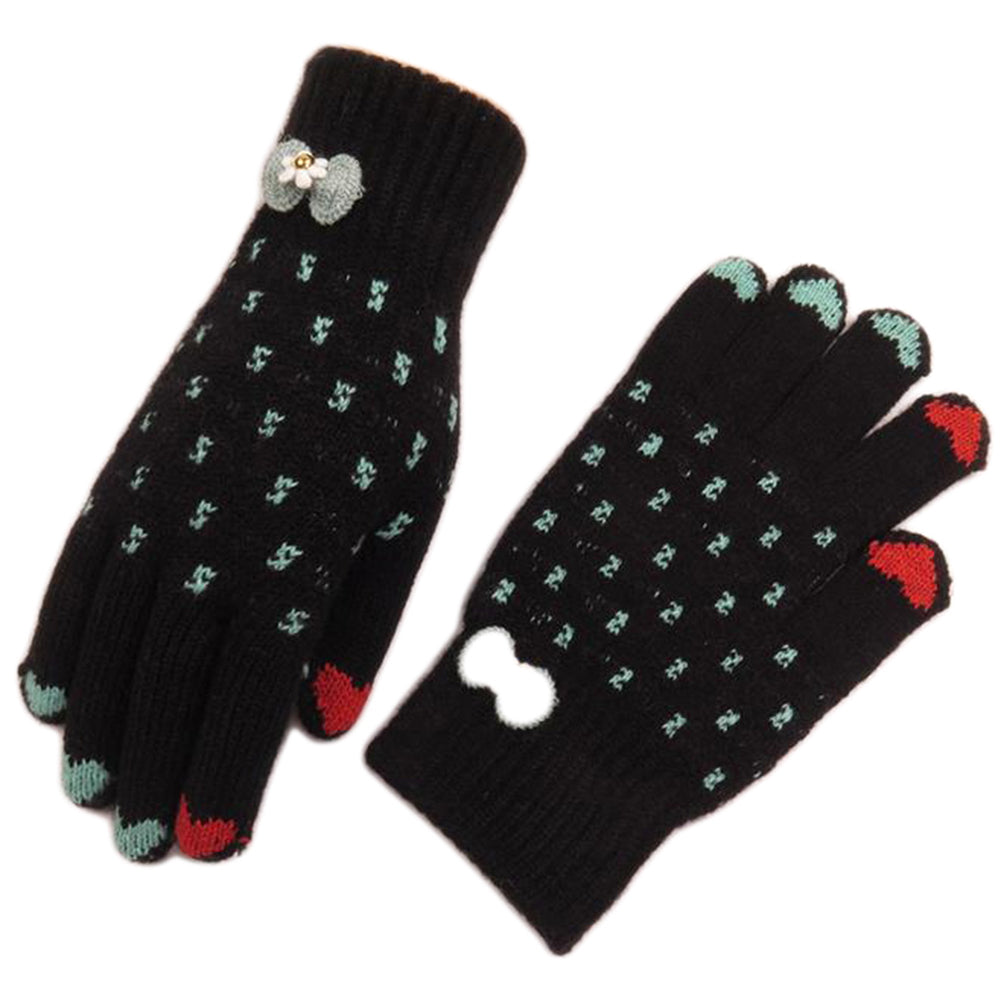 Winter Women Fashion Knitted Yarn Thicken Heart Bowknot Full Finger Gloves Mittens